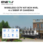 ENER-J 8CH WiFi NVR CCTV Kit with 4x1080P Outdoor IP66 Cameras, Wireless Home & Business Security System with Night Vision, Motion Alerts, Remote Access & Enhanced Signal Coverage