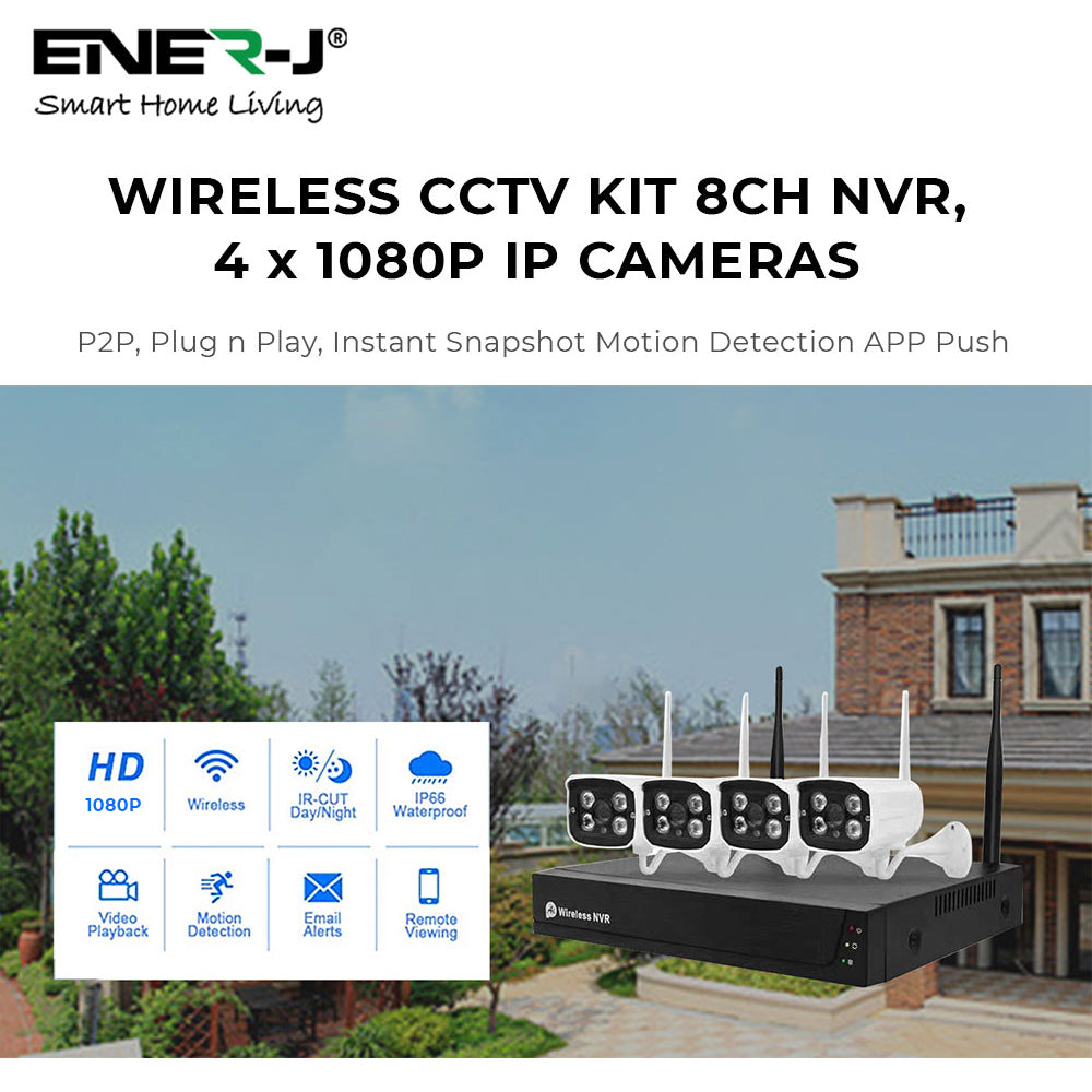 ENER-J 8CH WiFi NVR CCTV Kit with 4x1080P Outdoor IP66 Cameras, Wireless Home & Business Security System with Night Vision, Motion Alerts, Remote Access & Enhanced Signal Coverage