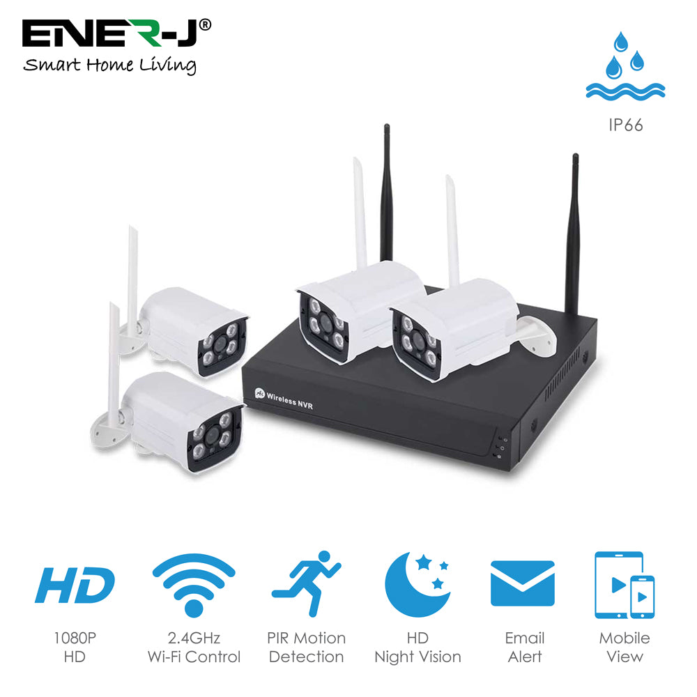 ENER-J 8CH WiFi NVR CCTV Kit with 4x1080P Outdoor IP66 Cameras, Wireless Home & Business Security System with Night Vision, Motion Alerts, Remote Access & Enhanced Signal Coverage
