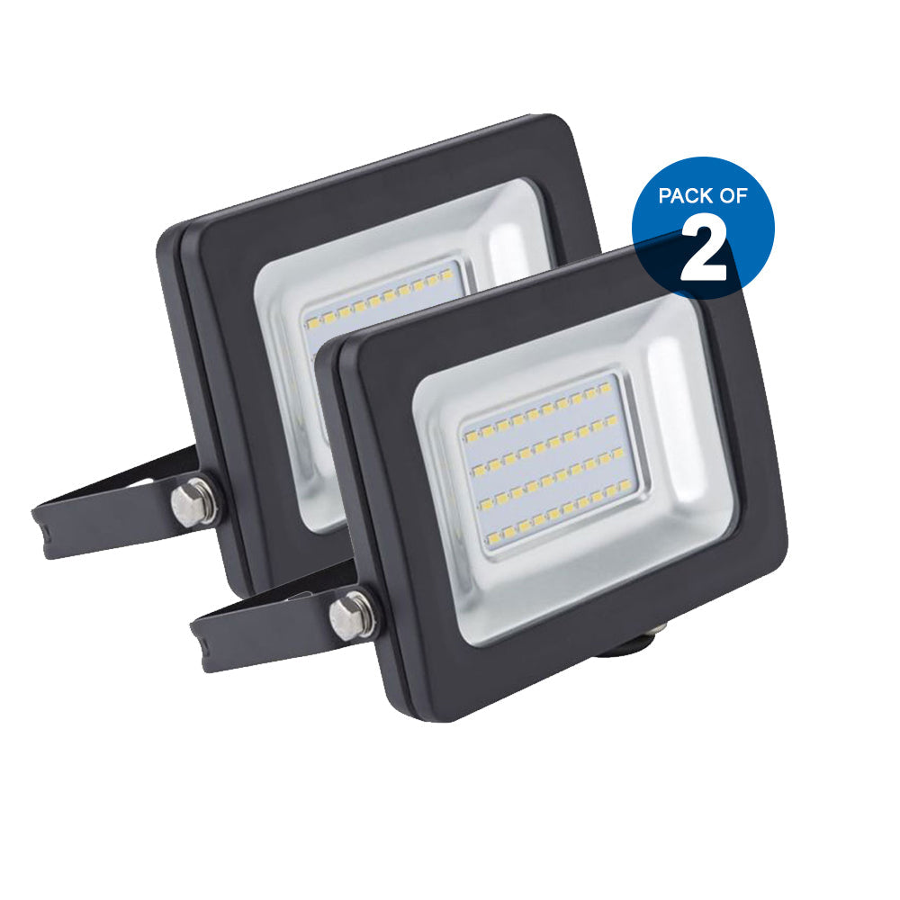 Pack of 2 LED Floodlights Non PIR Slim Line Black Body with 2 Years Warranty (20 Watts, 6000K)