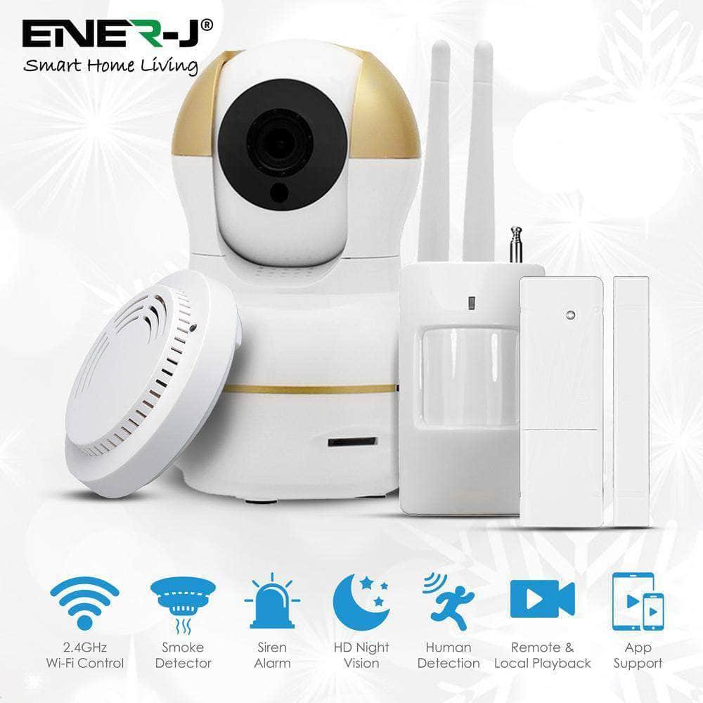 ENER-J Security Home Alarm System HD WIFI IP Camera Wireless 433 MHZ PIR Sensor, Door Contact & Smoke Alarm (4 in 1 Kit) - ENER-J Smart Home
