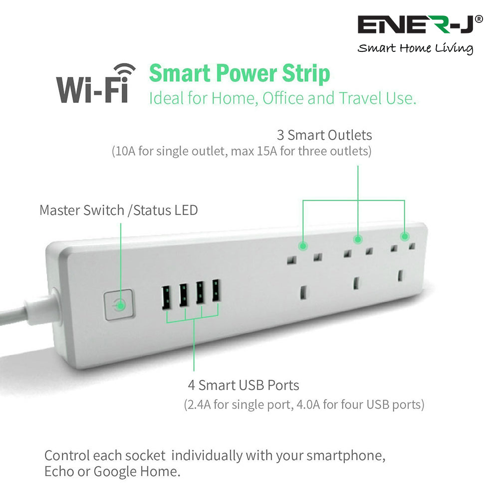 WiFi APP Control Smart Power Strip Socket Hub Plug 3AC & 4USB, Works with Amazon Alexa and Google Assistant, Surge Protection with 2200W of Maximum Load