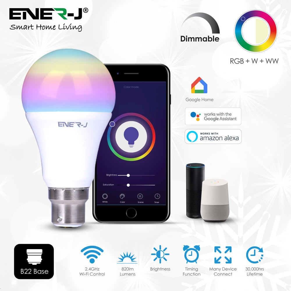 9W B22 Smart Colour Changing RGB Light Bulb, Bluetooth APP Control LED Bulbs Bayonet, Dimmable RGB and White Light, Mood Light for Room Decor & Party