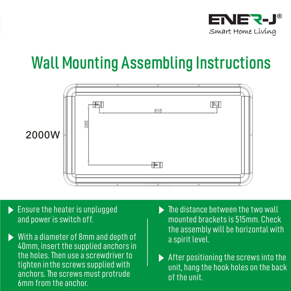 Ener-J 2000W Smart Electric Heater with White Tempered Glass, WiFi, App & Voice Control, Wall Mounted or Freestanding