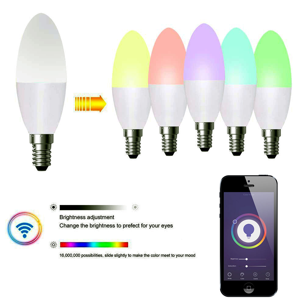 3 Pc Pack 4.5W E14 Base Smart WiFi RGB + White + Warm White Dimmable LED Candle Bulb 6000K-3000K, Works with Google Home, Remote Controlled Via App.