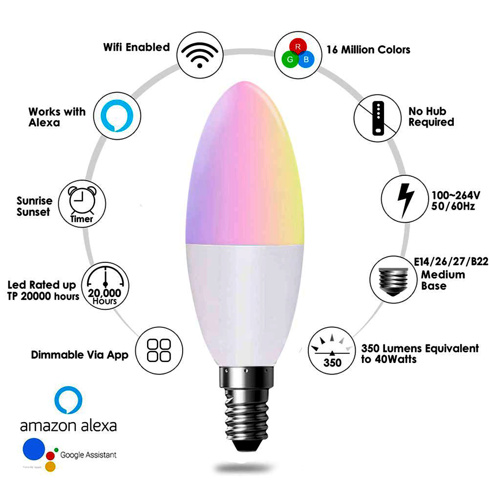 4.5W Smart Colour Changing Light Bulb E14 RGB CCT Colour Changing Bulbs,  Bluetooth APP Control LED Bulbs, WiFi Dimmable RGB and White Light, Mood Light for Room Decor & Party | Pack of 3