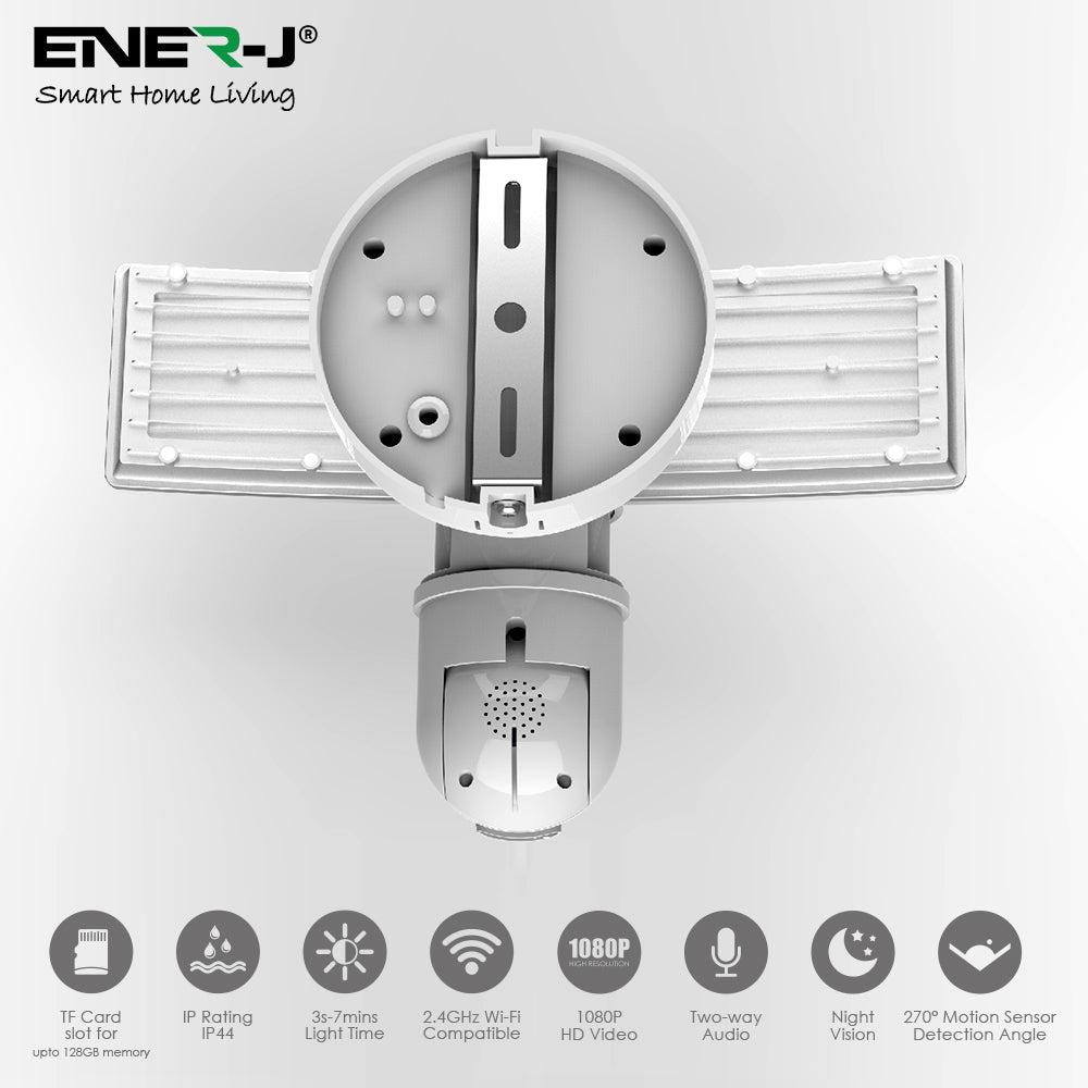ENER-J Smart WiFi Floodlight Security Camera 1080P – Motion-Activated LED Floodlights, Siren, Two-Way Audio, Colour Night Vision, 125° Wide-Angle – Outdoor Hardwired CCTV System - Black