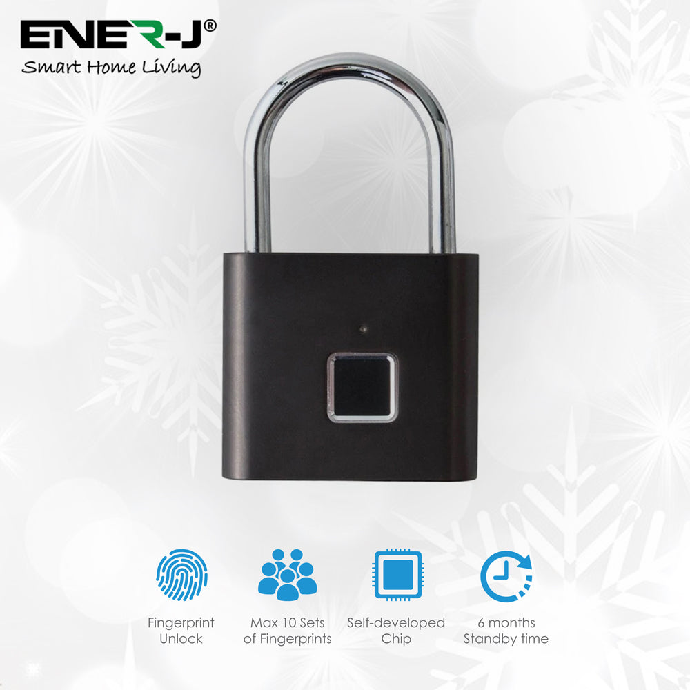 ENER-J Smart Fingerprint Padlock, Keyless Biometric Lock with 9000 Unlock Battery Life, USB Charging & 10-User Access for Gym, Travel, Lockers & Bikes (Black)