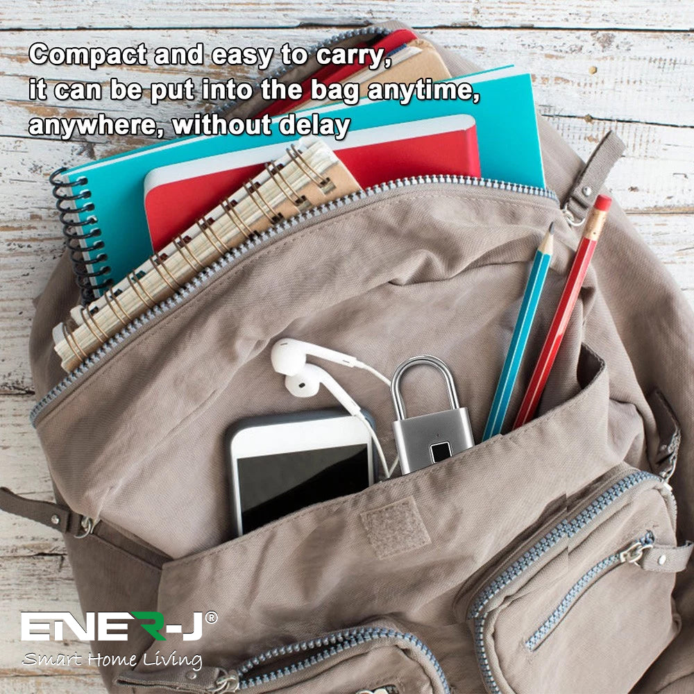 ENER-J Smart Fingerprint Padlock, Keyless Biometric Lock with 9000 Unlock Battery Life, USB Charging & 10-User Access for Gym, Travel, Lockers & Bikes (Black)