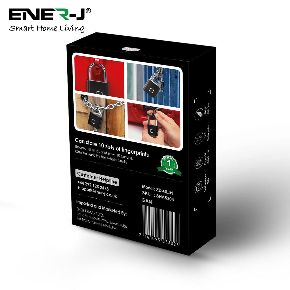ENER-J Smart Fingerprint Padlock, Keyless Biometric Lock with 9000 Unlock Battery Life, USB Charging & 10-User Access for Gym, Travel, Lockers & Bikes (Black)