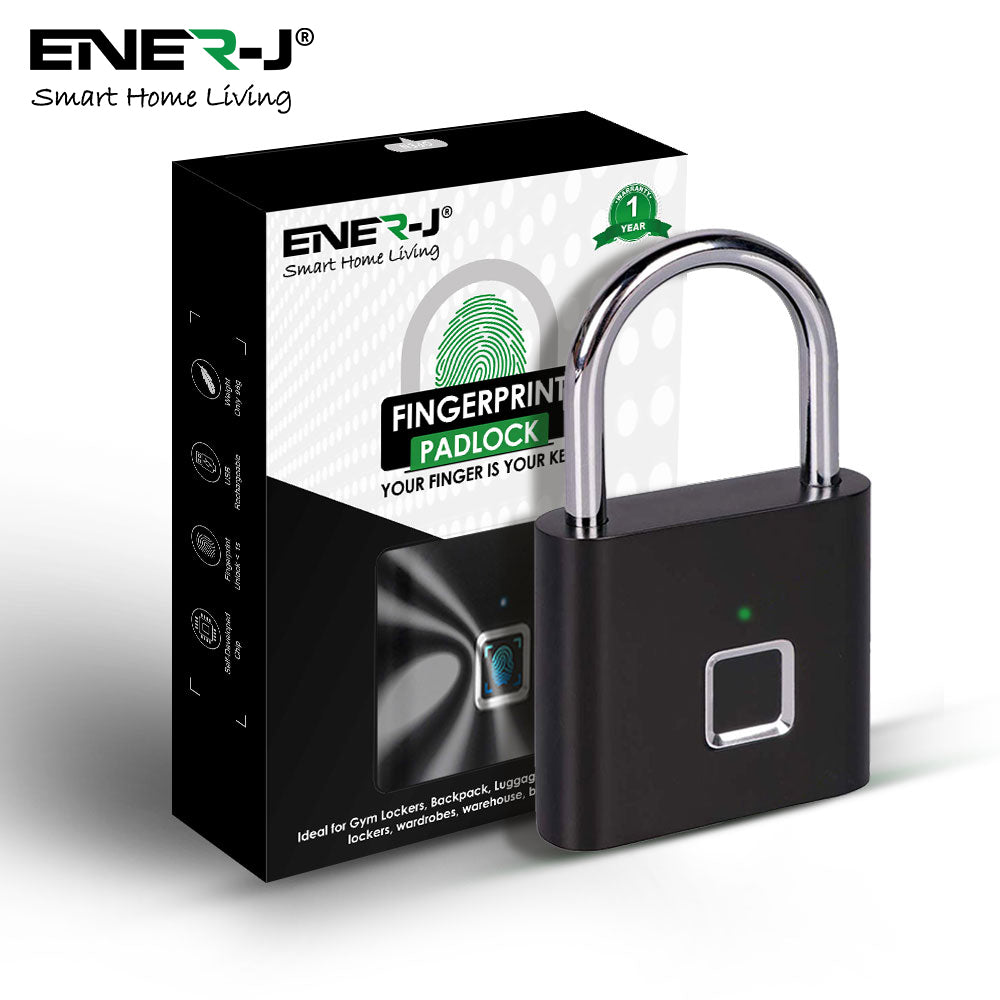 ENER-J Smart Fingerprint Padlock, Keyless Biometric Lock with 9000 Unlock Battery Life, USB Charging & 10-User Access for Gym, Travel, Lockers & Bikes (Black)