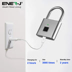 ENER-J Smart Fingerprint Padlock, Keyless Biometric Lock with 9000 Unlock Battery Life, USB Charging & 10-User Access for Gym, Travel, Lockers & Bikes (Black)