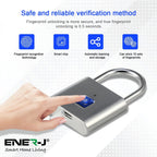 ENER-J Smart Fingerprint Padlock, Keyless Biometric Lock with 9000 Unlock Battery Life, USB Charging & 10-User Access for Gym, Travel, Lockers & Bikes (Black)