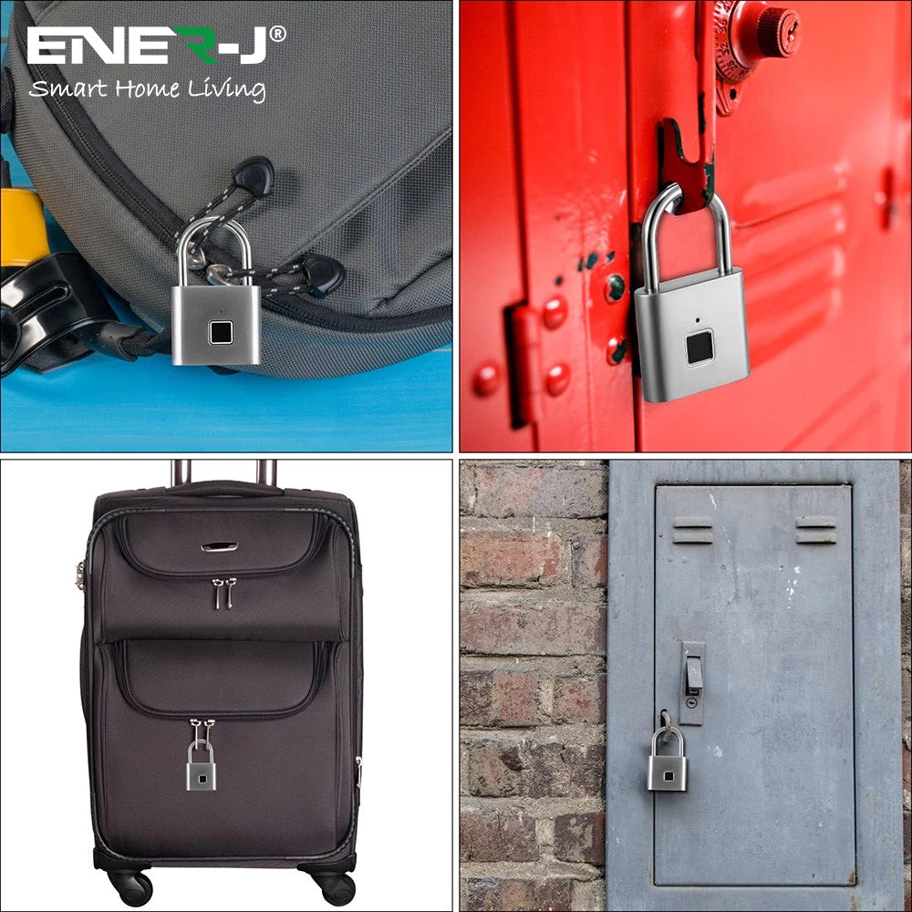 ENER-J Smart Fingerprint Padlock, Keyless Biometric Lock with 9000 Unlock Battery Life, USB Charging & 10-User Access for Gym, Travel, Lockers & Bikes (Black)