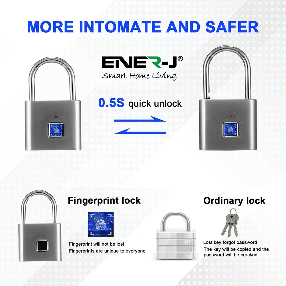 ENER-J Smart Fingerprint Padlock, Keyless Biometric Lock with 9000 Unlock Battery Life, USB Charging & 10-User Access for Gym, Travel, Lockers & Bikes (Black)