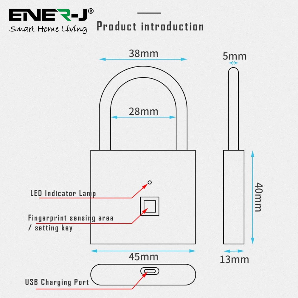 ENER-J Smart Fingerprint Padlock, Keyless Biometric Lock with 9000 Unlock Battery Life, USB Charging & 10-User Access for Gym, Travel, Lockers & Bikes (Black)