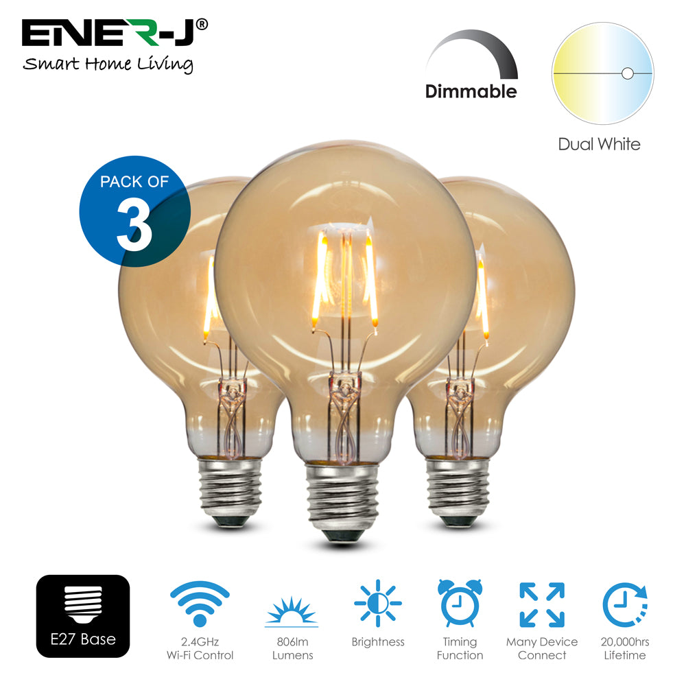 3 Pc Pack 8.5W E27 Edison Screw G95 Smart Dimmable WiFi Filament Lamp, Retro style