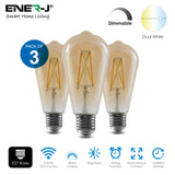 3 Pc Pack ENERJ 8.5W ST64 E27 Edison Screw Smart WiFi Filament Lamp, LED Light Bulb, CCT Changing & Dimmable Amber Retro Style Filament