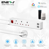 13A SMART Wi-Fi Power Strips with 3 Sockets & 4 USB, Individually control all 3 sockets and 4USB, Alexa and Google Home - ENER-J Smart Home
