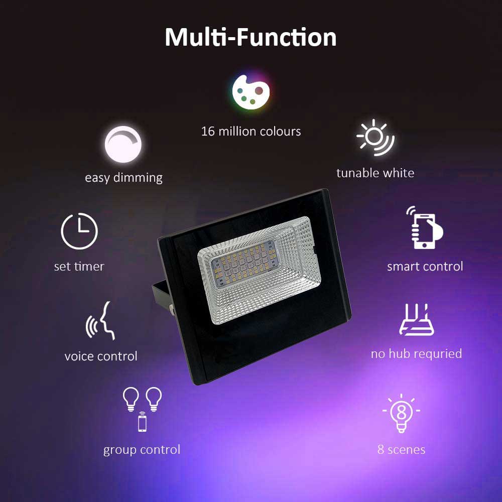 Ener-J Smart WiFi 16W RGB LED Floodlight, IP65 Weatherproof Outdoor Light with 1600lm Brightness, App & Voice Control (Alexa/Google), Timer & Custom Scenes via ENERJSMART