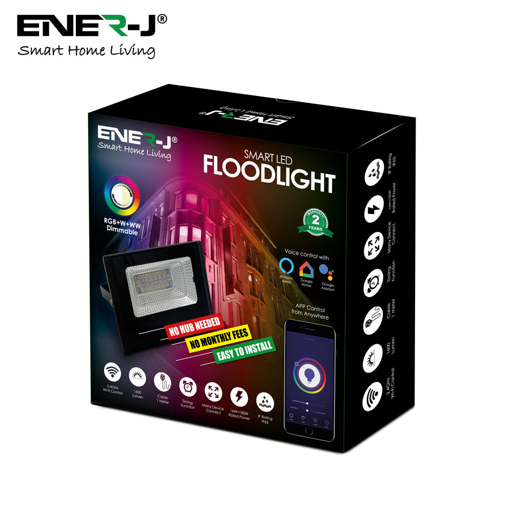 Ener-J Smart WiFi 16W RGB LED Floodlight, IP65 Weatherproof Outdoor Light with 1600lm Brightness, App & Voice Control (Alexa/Google), Timer & Custom Scenes via ENERJSMART