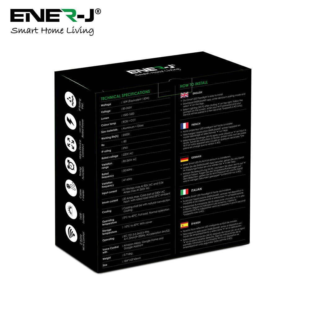 Ener-J Smart WiFi 16W RGB LED Floodlight, IP65 Weatherproof Outdoor Light with 1600lm Brightness, App & Voice Control (Alexa/Google), Timer & Custom Scenes via ENERJSMART