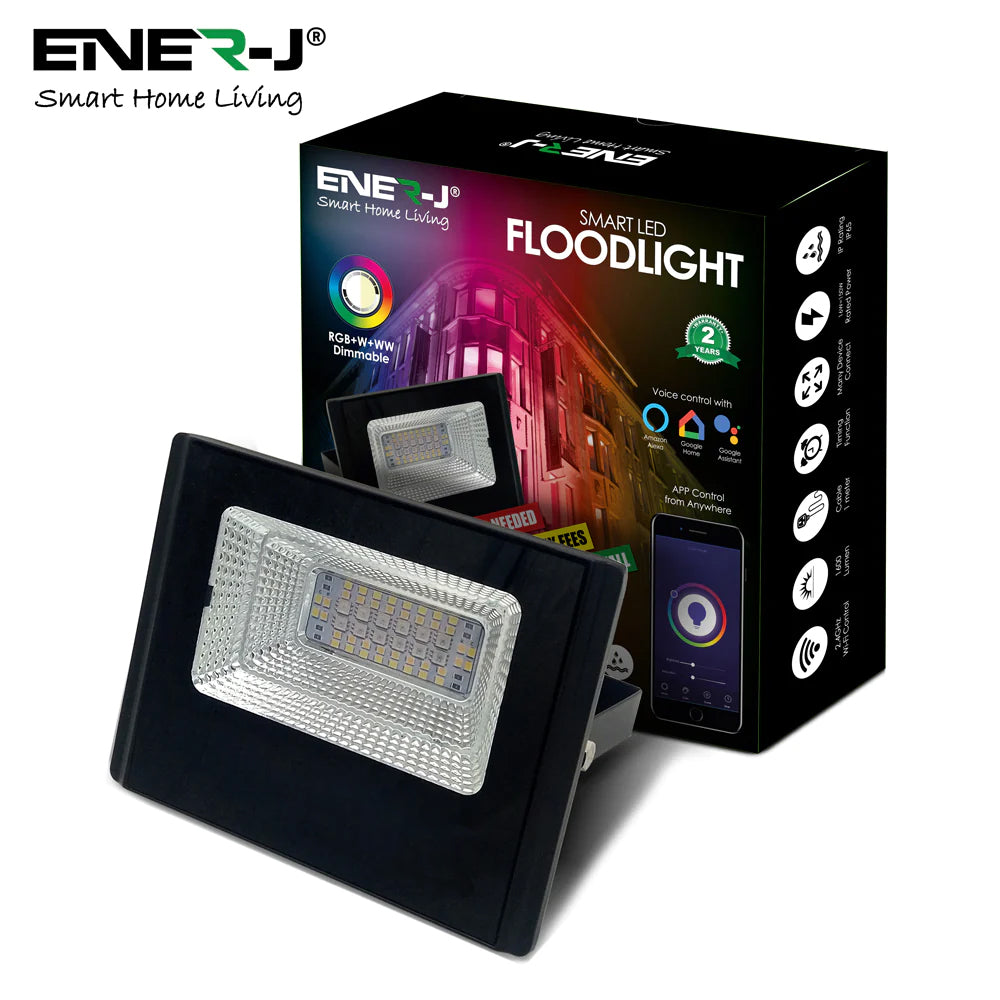 Ener-J Smart WiFi 16W RGB LED Floodlight, IP65 Weatherproof Outdoor Light with 1600lm Brightness, App & Voice Control (Alexa/Google), Timer & Custom Scenes via ENERJSMART
