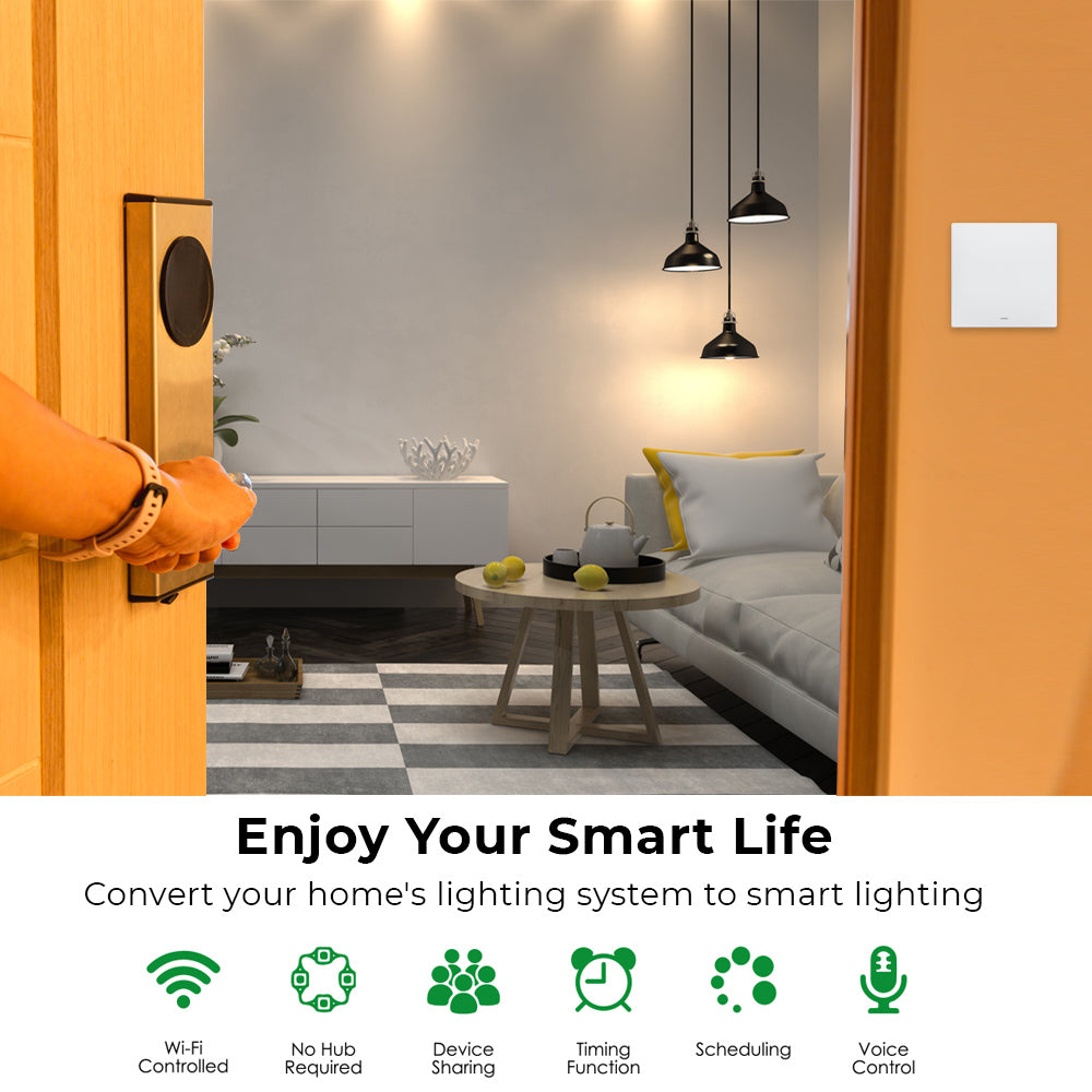 Ener-J 1 Gang Smart WiFi Push Button Light Switch White, No Neutral Required, LED Indicator, App & Voice Control (Alexa, Google, Siri)