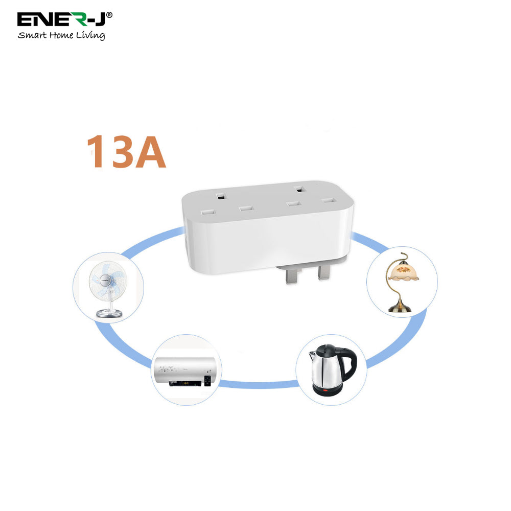 ENER-J WiFi & Bluetooth Dual Smart Plug 13A (UK) with Individual Socket Control, Energy Monitoring, Surge Protection & Alexa/Google Voice Control