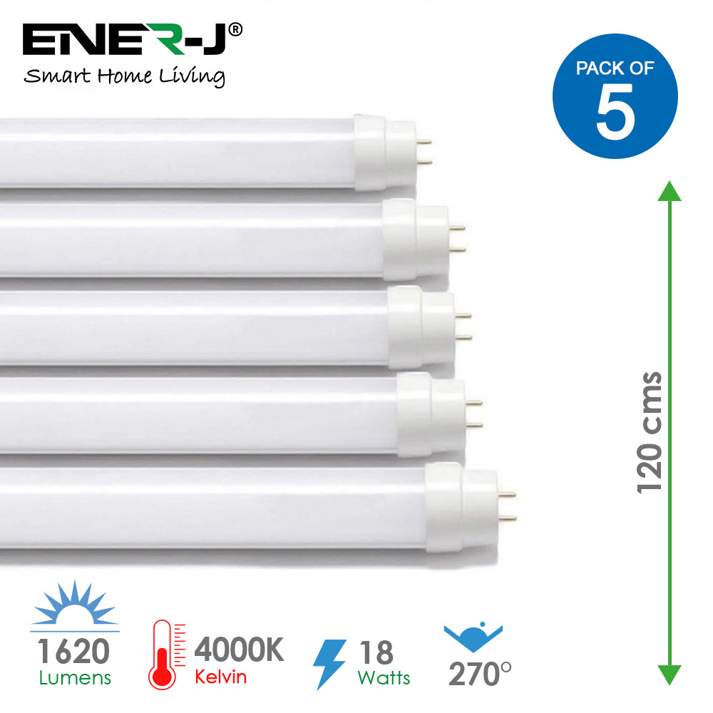 Pack of 5 T8 18W LED Nano Plastic Tube 120cms 4000K, Super Bright, Wall and Ceiling White LED, 30000 Hours Long Life