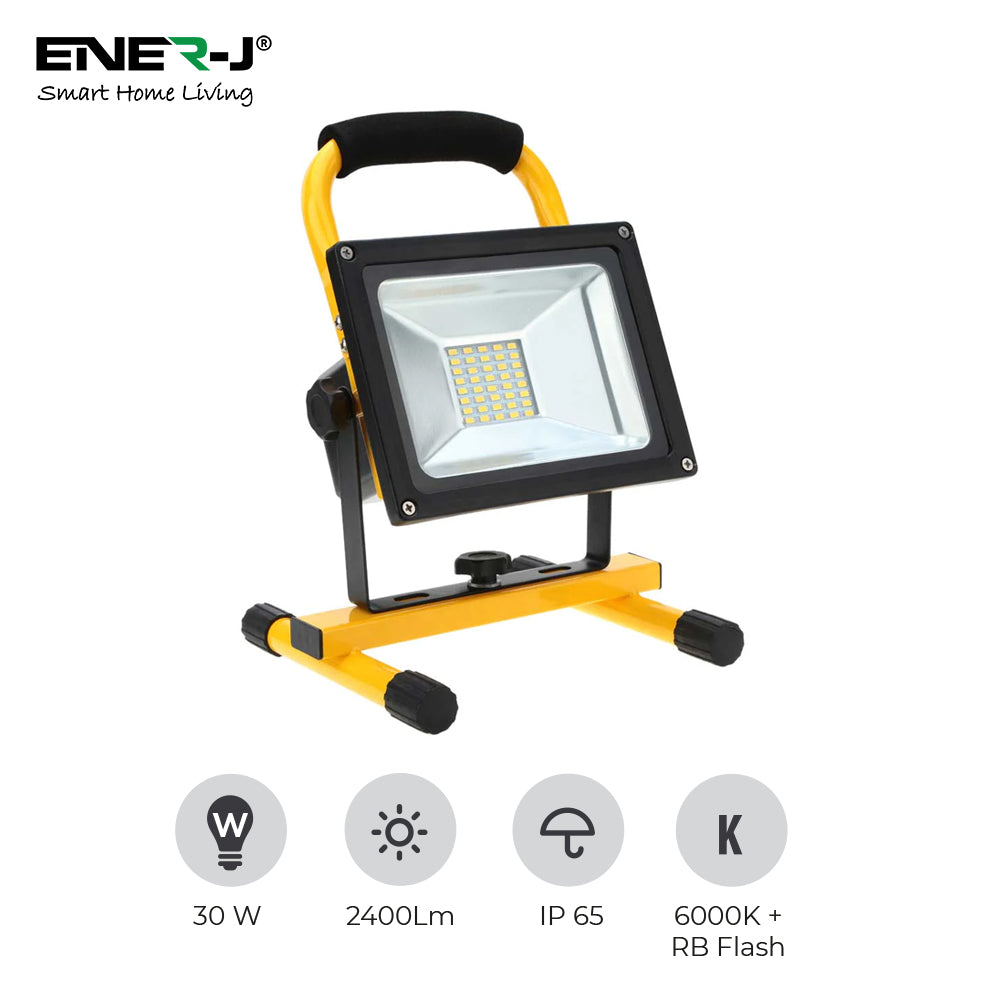 30W Rechargeable LED Floodlight, 2400 Lumens, 7.4V 2200mAh, UK Wall Charger, 6000K + R B Flash, IP65 Waterproof
