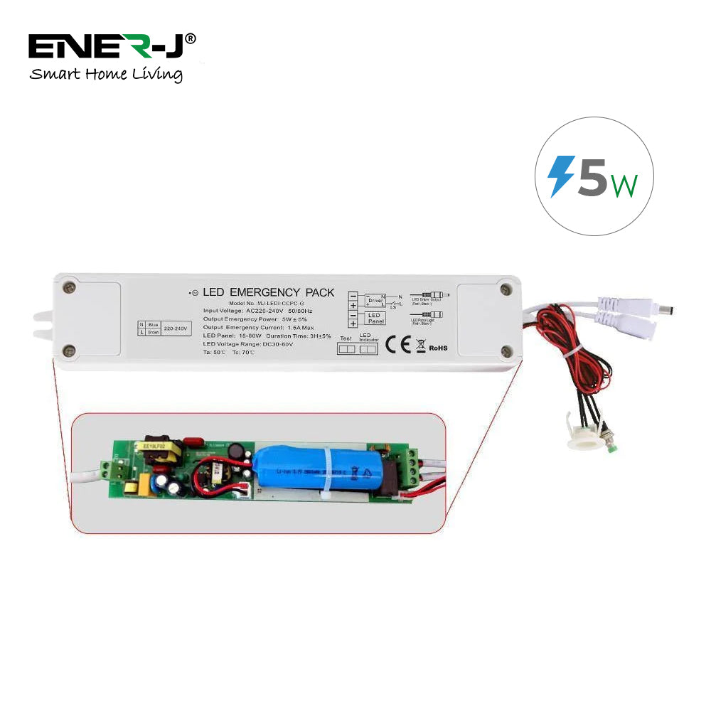 6W to 70W Plug and Play 5W Emergency Battery Kit for LED Panels 6W to 70W, 3 Hours of Emergency Lighting