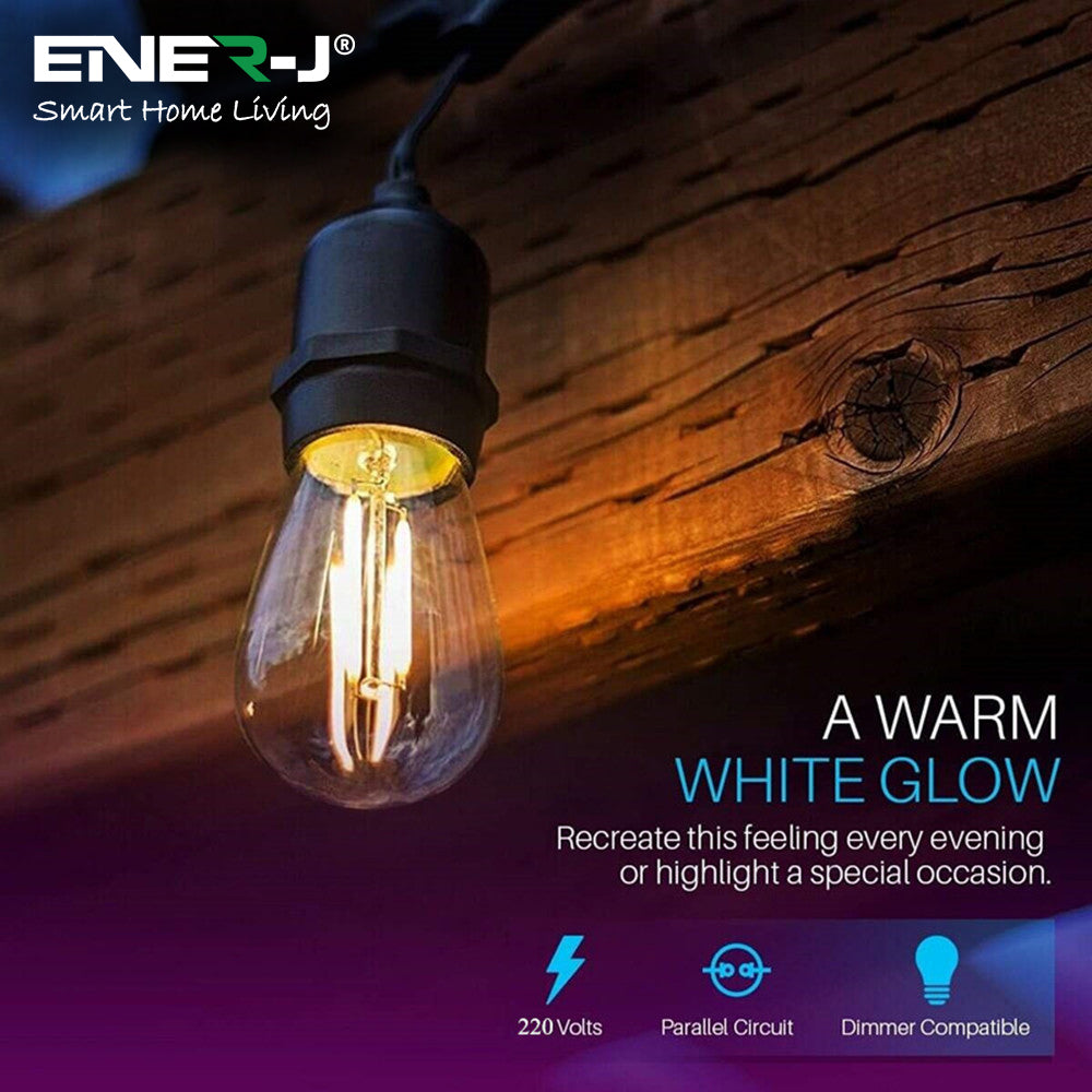 Ener-J 48ft LED Filament String Light Kit, 15 x 2W Vintage LED Bulbs, IP65 Waterproof