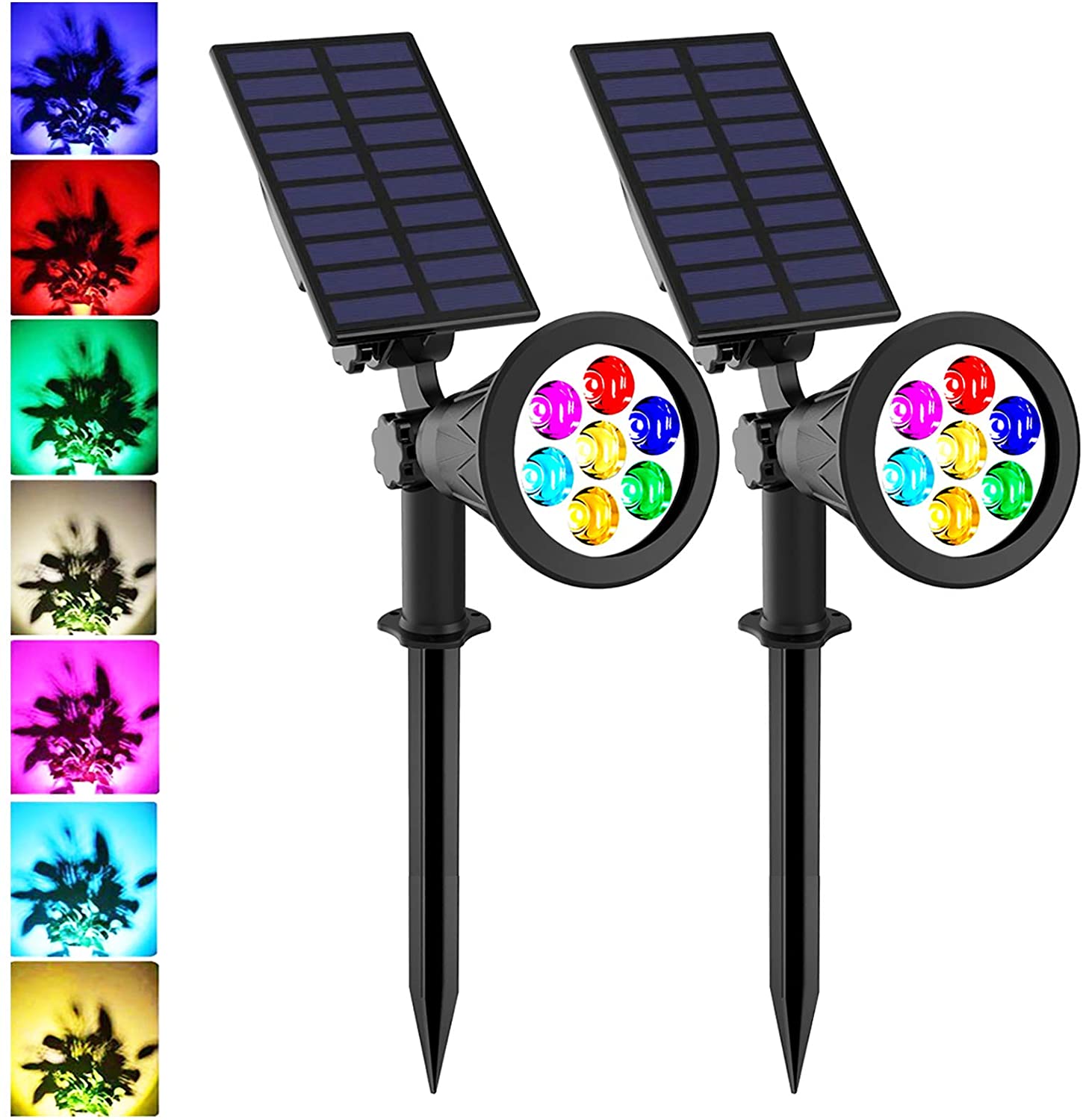 Pack of 2 LED Solar Spotlights, 7W Solar Spike Garden Light,1800 mAh battery, 5.5V 1.5W Solar Panel, IP44, RGB