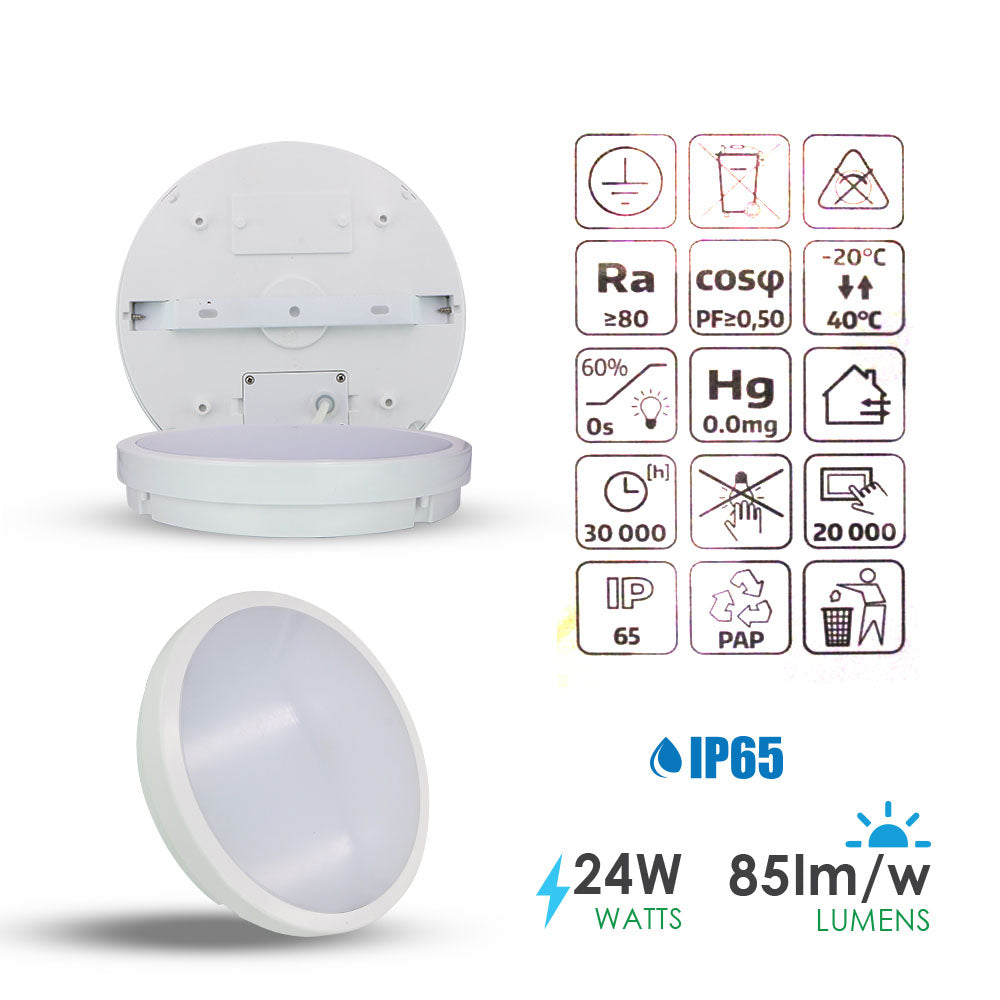 24W LED Bulkhead Ceiling Light IP65 Waterproof 2000 Lumens, Cool White, Round LED Ceiling Light for Bathroom, Kitchen, Hallway, Outside Porch