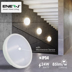 24W LED Bulkhead Ceiling Light with Microwave Sensor IP65 Waterproof 2000 Lumens, Cool White, Round LED Ceiling Light for Bathroom, Kitchen, Hallway