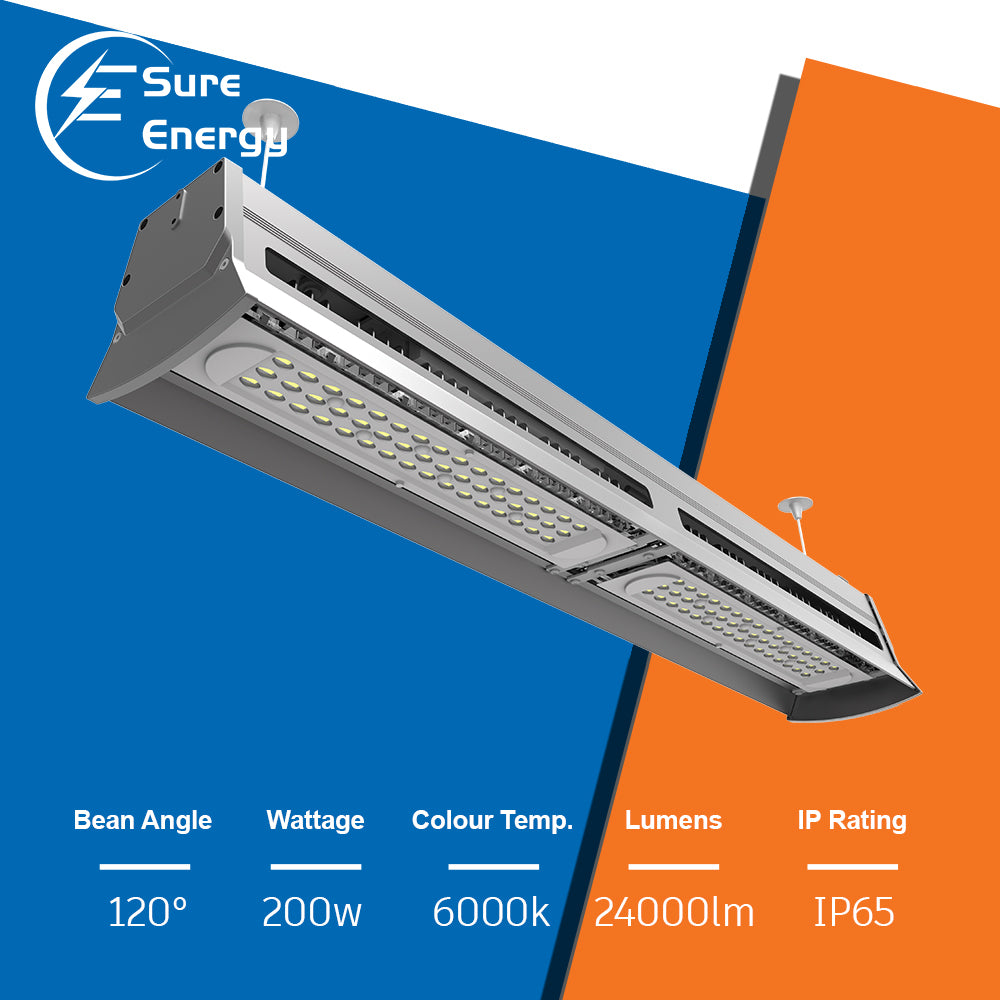 Linear LED High Bay Warehouse Light Ceiling Lighting 200W Cool White 6000K, Stable and Durable Linear Constant Current Power Supply. IP65 Rated