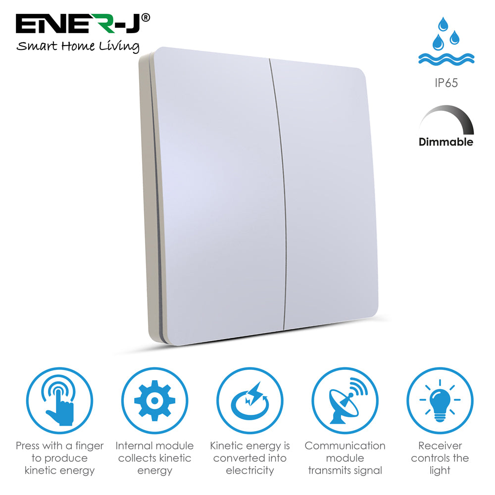 ENER-J's 2 Gang Wireless Switch White + 2 ways, 5A*2 600W RF Receiver for Non Dimmable Switch