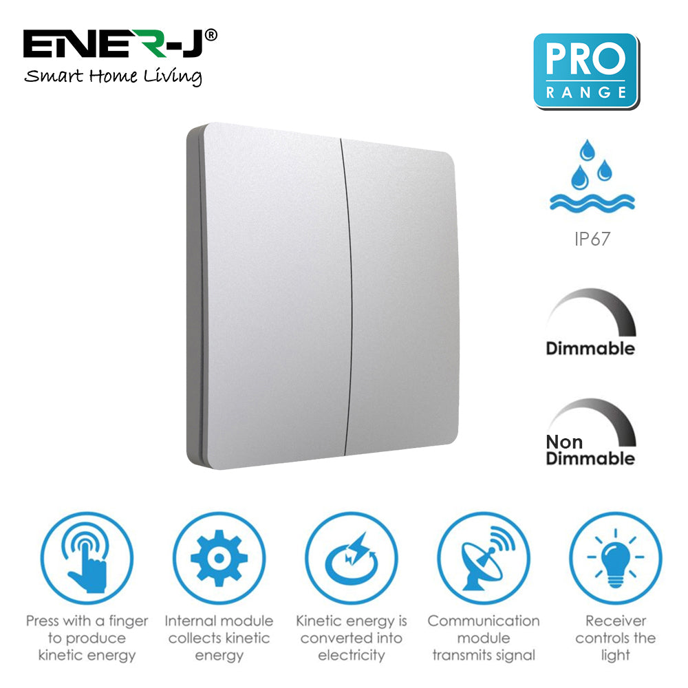 Wireless Kinetic 2 Gang Switch (Silver Finish), PRO SERIES, Installation-Easy, Battery-Free Wall On/Off Switch Outdoor Waterproof IP67 Wireless Kinetic Switch Receiver for Lamp Electric Appliance