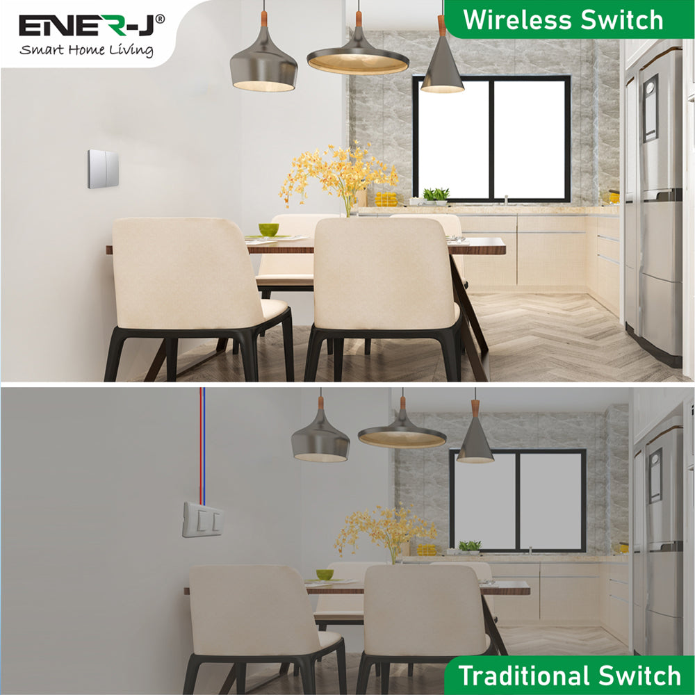 Wireless Kinetic 2 Gang Switch (Silver Finish), PRO SERIES, Installation-Easy, Battery-Free Wall On/Off Switch Outdoor Waterproof IP67 Wireless Kinetic Switch Receiver for Lamp Electric Appliance