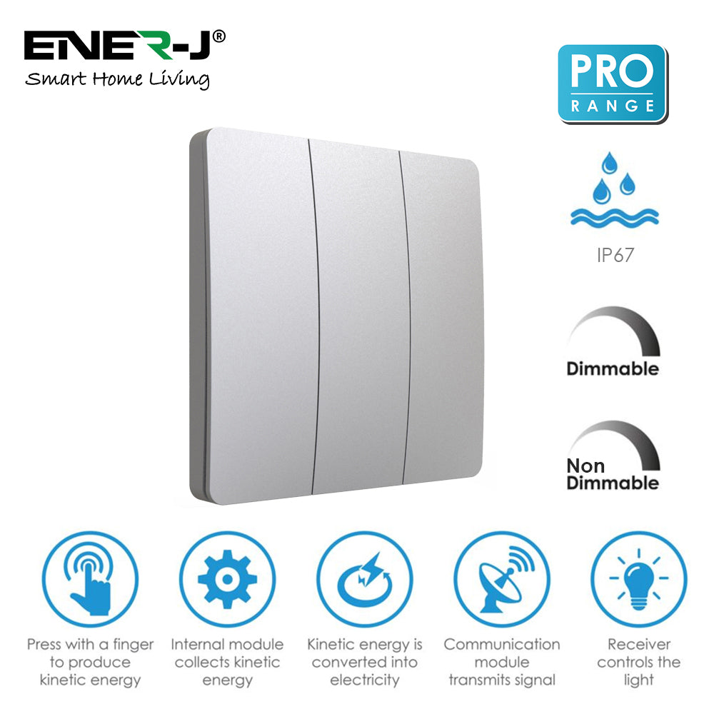 Wireless Kinetic 3 Gang Switch (Silver Finish), PRO SERIES, Installation-Easy, Battery-Free Wall On/Off Switch Outdoor Waterproof IP67 Wireless Kinetic Switch Receiver for Lamp Electric Appliance