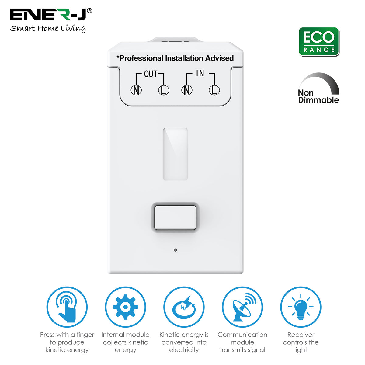 ENER-J Mini FOB Wireless Switch 1 Gang, Black  for ECO RANGE + 500W RF Receiver