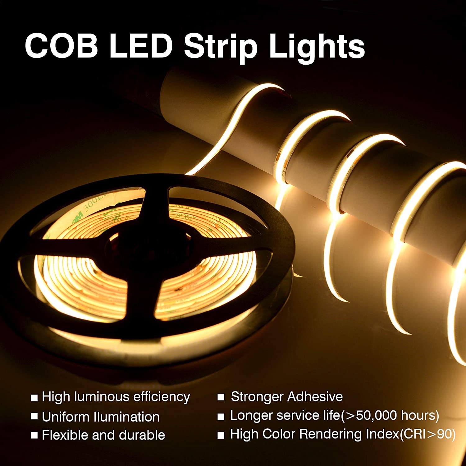 COB LED Strip Light Warm White 3000K, 5M 300LEDs/M Super Bright Flexible CRI90+ LED Tape, DC12V for Cabinet, Bedroom, Kitchen DIY Lighting