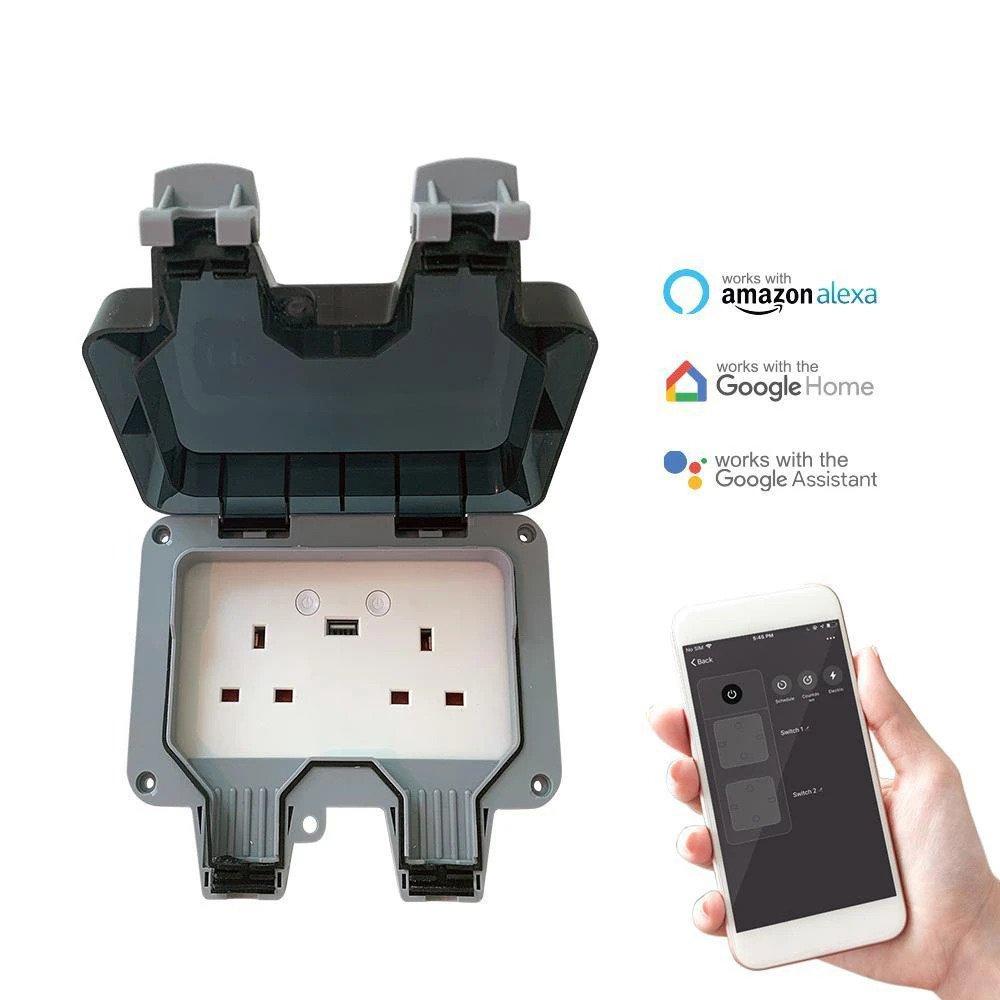 2 Gang Smart Weatherproof IP55 rated Outdoor Socket 13A WiFi Twin Wall Socket with USB Port - ENER-J Smart Home