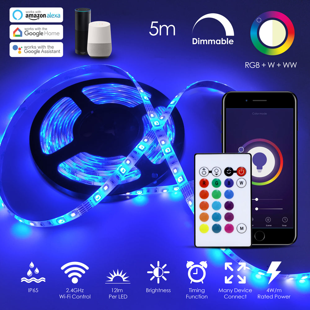5 Meters Smart Wi-Fi RGB Colour Changing LED Strip Kit, Dimmable, IP20, for Bedroom Ceiling Party Decoration with Remote and Plug
