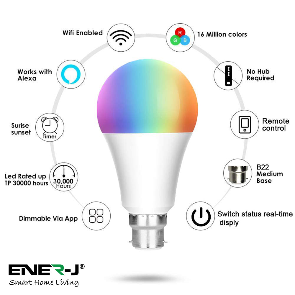 9W Smart Colour Changing Light Bulb, B22 RGB CCT Colour Changing Bulbs, Bluetooth APP Control LED Bulbs Bayonet, WiFi Dimmable, Mood Light for Room Decor & Party | Pack of 3