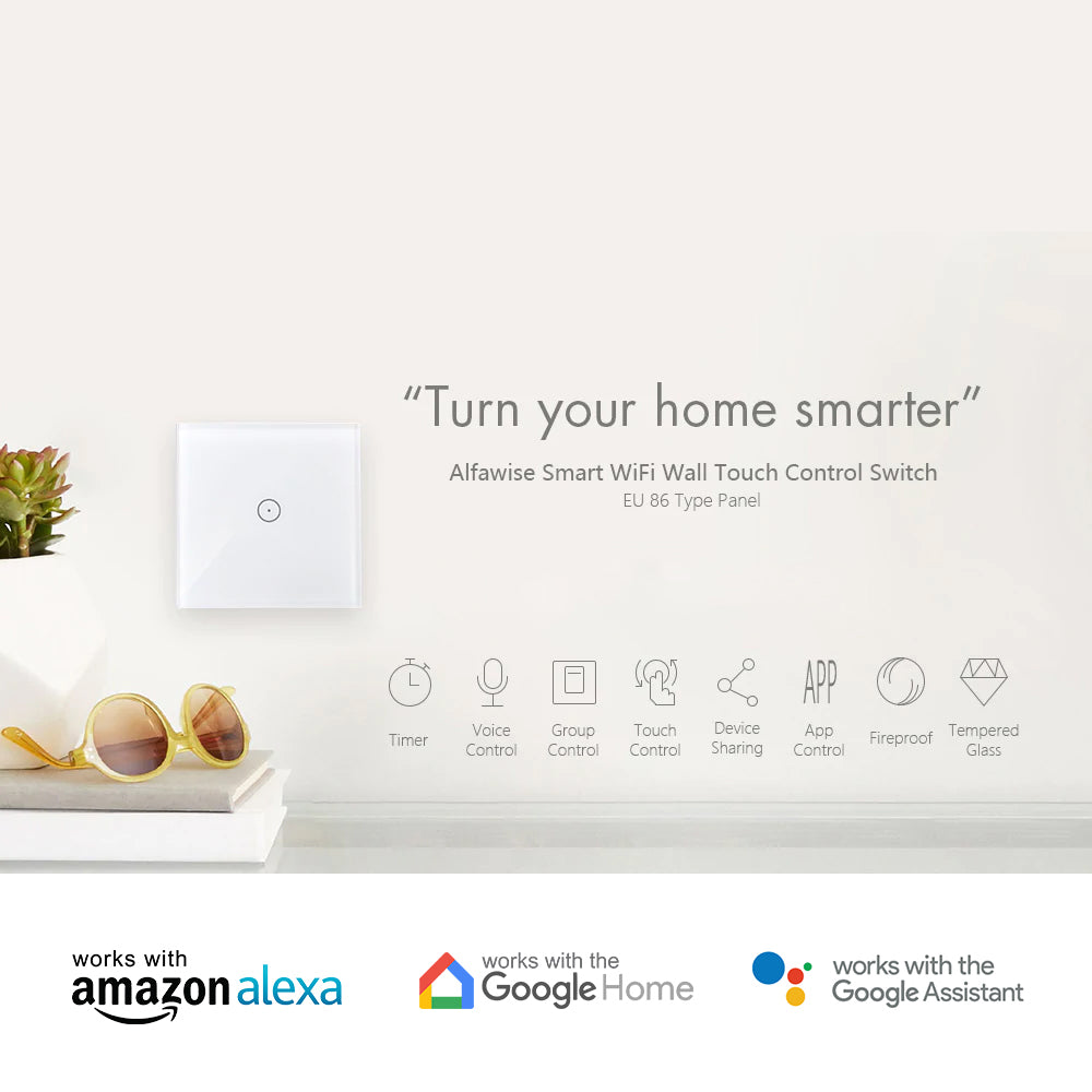 Smart WiFi light switch UK home setup touch panel works with Alexa and Google Home